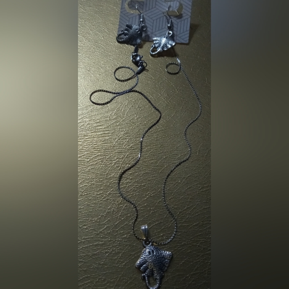 Silver Manta Ray Necklace & Earrings Rustic Bohemian Design By Me.